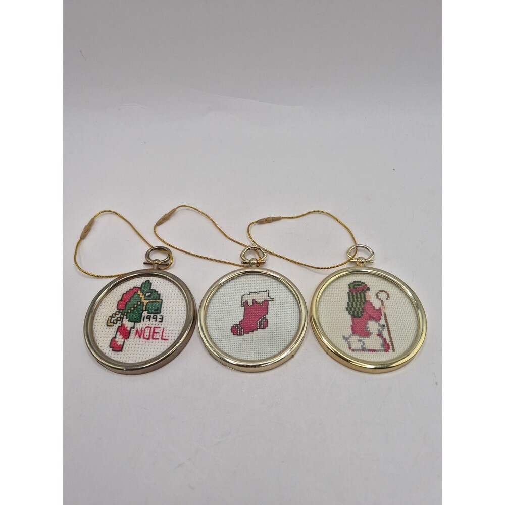 Vintage Handmade Cross Stitch Christmas Ornaments, Set of 3 Framed